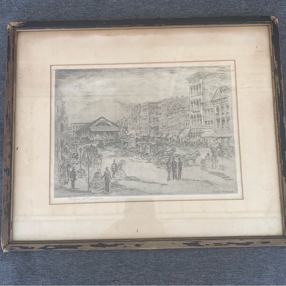 Caroline Williams Cincinnati Vintage Black White Cityscape Etching Print 5th St